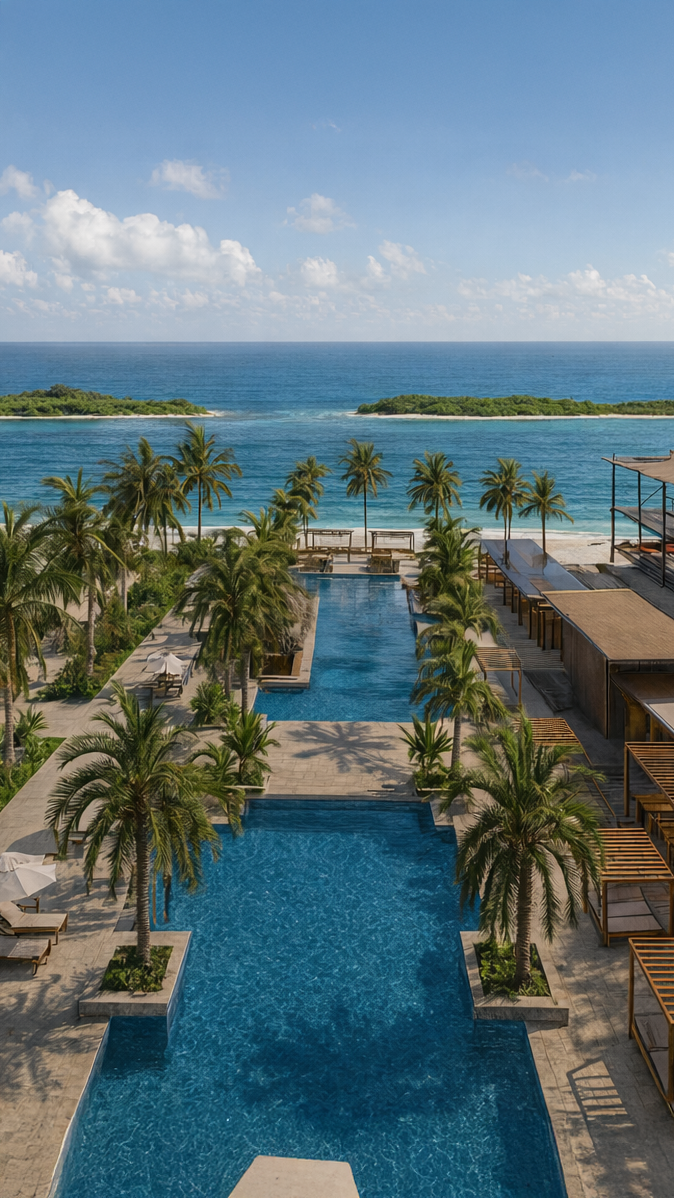 Vista aérea del Condominio Isla Barú en Cartagena con piscinas y acceso al mar Caribe